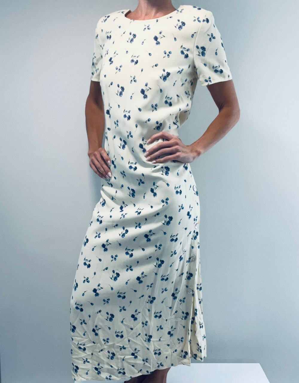1990s Vintage Talbots Maxi Dress Breezy Cream Blue Floral Short Sleeve Size 4 JL